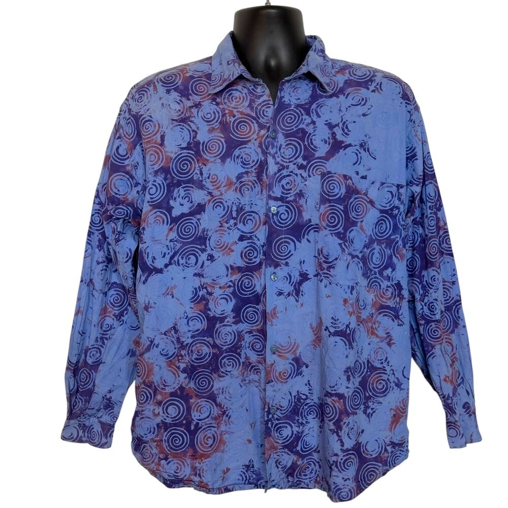 VTG 90s Busana Indah L Blue Purple Swirl Batik Rayon Button Down Shirt Festival